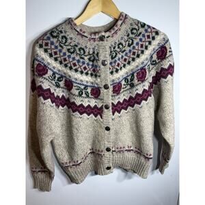Eddie Bauer Cardigan Sweater Women's Medium Fair Isle Wool Blend Vintage 90s